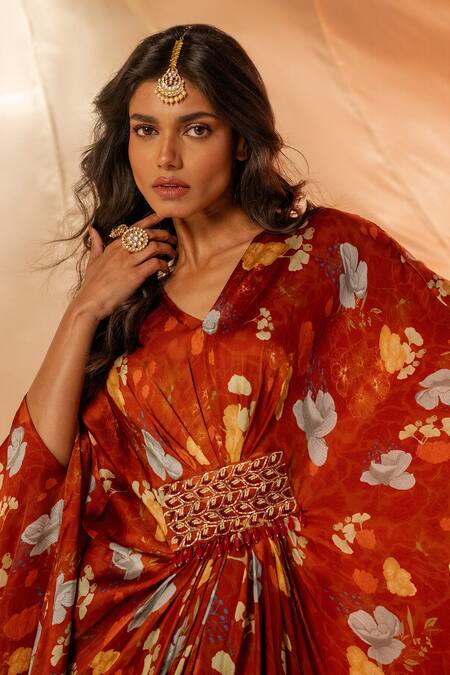Shop_Label Shristi Chetani_Rust Embroidery V-neck Kaftan Dress_Online_at_Aza_Fashions