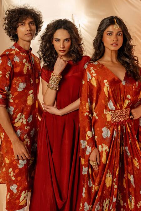 Label Shristi Chetani_Rust Embroidery V-neck Kaftan Dress_at_Aza_Fashions