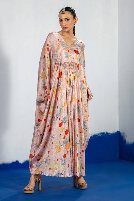 Label Shristi Chetani_Pink Bamboo Beads V-neck Floral Embroidered Kaftan Dress _Online_at_Aza_Fashions