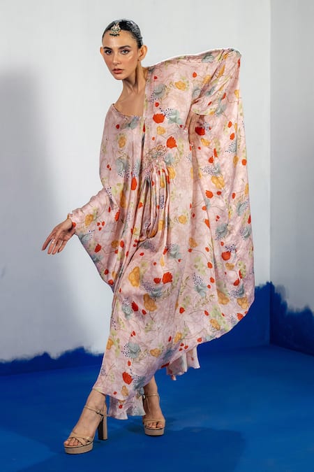 Buy_Label Shristi Chetani_Pink Bamboo Beads V-neck Floral Embroidered Kaftan Dress _Online_at_Aza_Fashions