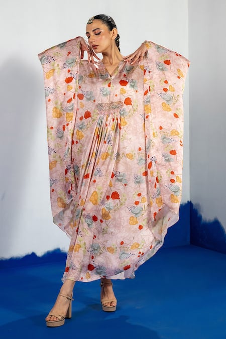 Shop_Label Shristi Chetani_Pink Bamboo Beads V-neck Floral Embroidered Kaftan Dress _Online_at_Aza_Fashions