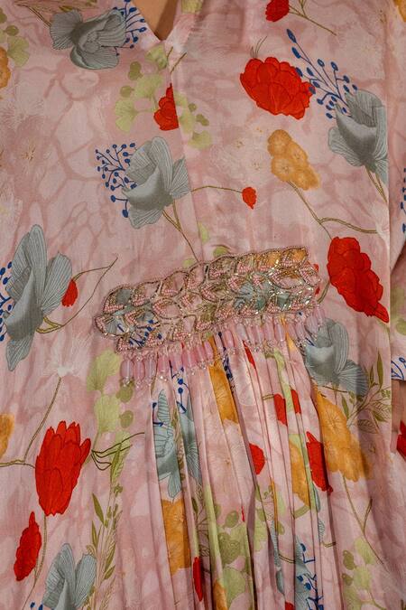 Label Shristi Chetani_Pink Bamboo Beads V-neck Floral Embroidered Kaftan Dress _at_Aza_Fashions