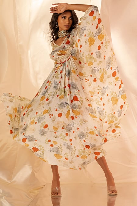 Buy Label Shristi Chetani White Cotton Embroidery V-neck Floral Kaftan Dress Online at Aza Fashions Buy_Label Shristi Chetani_White Cotton Embroidery V-neck Floral Kaftan Dress_Online_at_Aza_Fashions