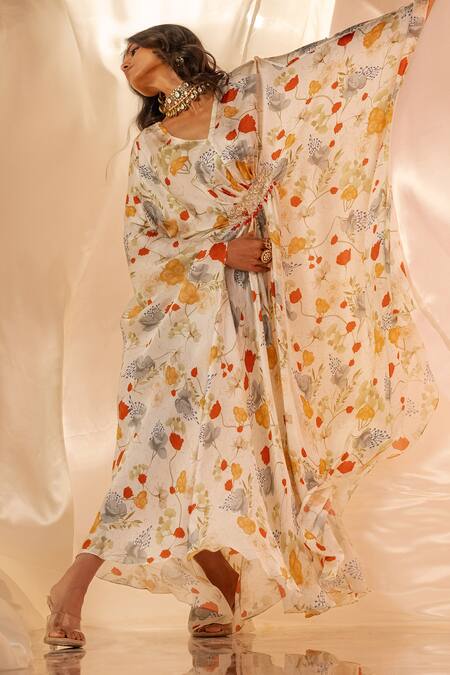 Shop Label Shristi Chetani White Cotton Embroidery V-neck Floral Kaftan Dress Online at Aza Fashions Shop_Label Shristi Chetani_White Cotton Embroidery V-neck Floral Kaftan Dress_Online_at_Aza_Fashions