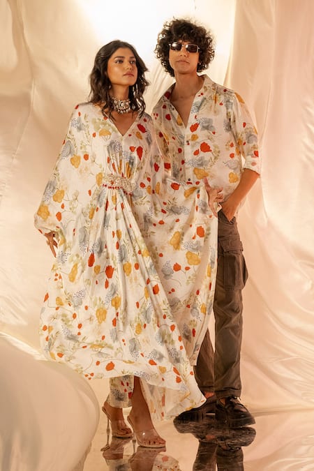 Label Shristi Chetani White Cotton Embroidery V-neck Floral Kaftan Dress at Aza Fashions Label Shristi Chetani_White Cotton Embroidery V-neck Floral Kaftan Dress_at_Aza_Fashions