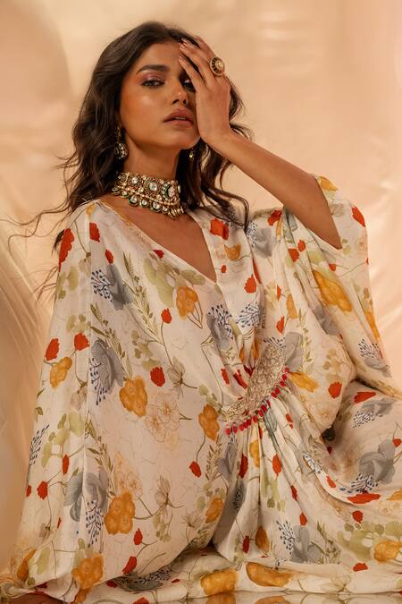 Buy Label Shristi Chetani White Cotton Embroidery V-neck Floral Kaftan Dress Buy_Label Shristi Chetani_White Cotton Embroidery V-neck Floral Kaftan Dress