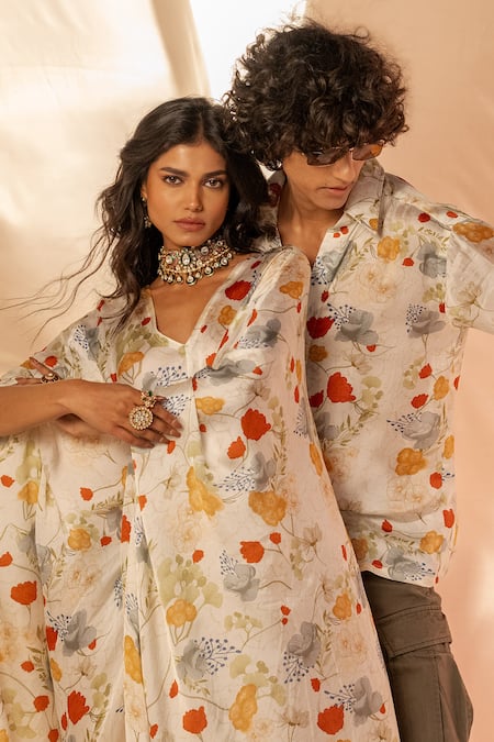 Shop Label Shristi Chetani White Cotton Embroidery V-neck Floral Kaftan Dress Shop_Label Shristi Chetani_White Cotton Embroidery V-neck Floral Kaftan Dress