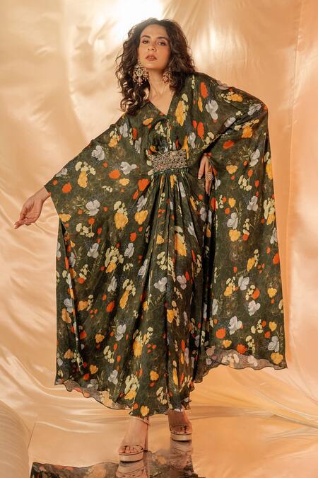 Buy_Label Shristi Chetani_Green Embroidery V-neck Floral Kaftan Dress_Online_at_Aza_Fashions