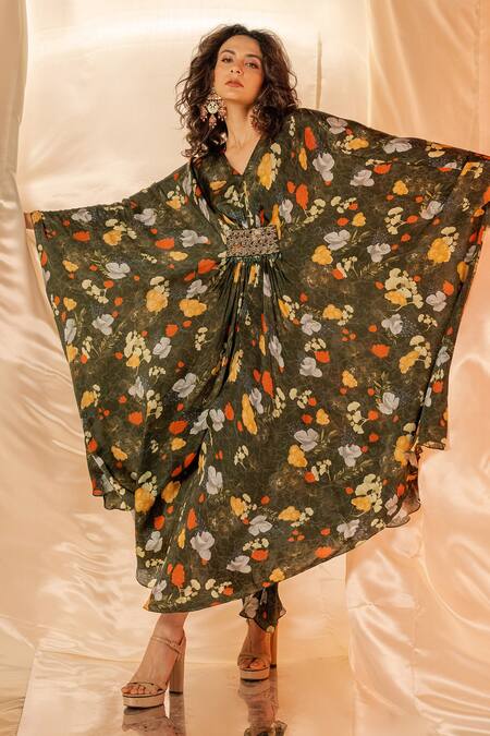 Shop_Label Shristi Chetani_Green Embroidery V-neck Floral Kaftan Dress_Online_at_Aza_Fashions