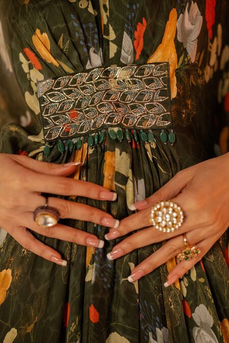 Label Shristi Chetani_Green Embroidery V-neck Floral Kaftan Dress_at_Aza_Fashions