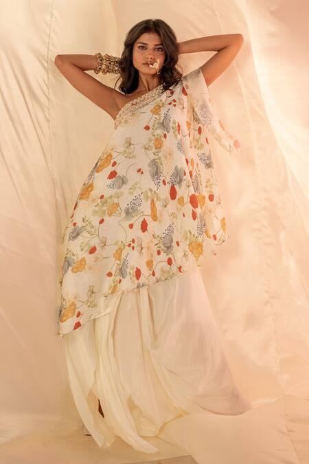 Buy Label Shristi Chetani White Crepe, Bamboo Asymmetric One Shoulder Embellished Top And Drape Skirt Buy_Label Shristi Chetani_White Crepe, Bamboo Asymmetric One Shoulder Embellished Top And Drape Skirt