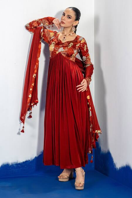 Buy Label Shristi Chetani Rust Bamboo, Satin, Crepe, Chiffon Embroidery, Tassels Anarkali Set And Dupatta Online at Aza Fashions Buy_Label Shristi Chetani_Rust Bamboo, Satin, Crepe, Chiffon Embroidery, Tassels Anarkali Set And Dupatta_Online_at_Aza_Fashions