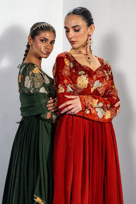 Shop Label Shristi Chetani Rust Bamboo, Satin, Crepe, Chiffon Embroidery, Tassels Anarkali Set And Dupatta Online at Aza Fashions Shop_Label Shristi Chetani_Rust Bamboo, Satin, Crepe, Chiffon Embroidery, Tassels Anarkali Set And Dupatta_Online_at_Aza_Fashions
