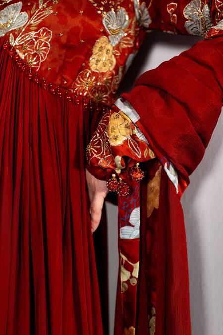 Buy Label Shristi Chetani Rust Bamboo, Satin, Crepe, Chiffon Embroidery, Tassels Anarkali Set And Dupatta Buy_Label Shristi Chetani_Rust Bamboo, Satin, Crepe, Chiffon Embroidery, Tassels Anarkali Set And Dupatta