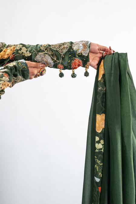 Label Shristi Chetani Green Crepe, Chiffon Embroidery, Beads Round Neck Anarkali Set Online at Aza Fashions Label Shristi Chetani_Green Crepe, Chiffon Embroidery, Beads Round Neck Anarkali Set_Online_at_Aza_Fashions