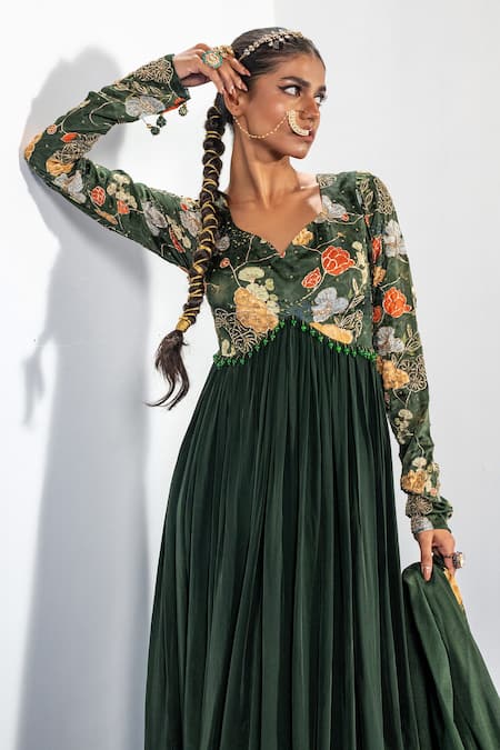 Buy Label Shristi Chetani Green Crepe, Chiffon Embroidery, Beads Round Neck Anarkali Set Online at Aza Fashions Buy_Label Shristi Chetani_Green Crepe, Chiffon Embroidery, Beads Round Neck Anarkali Set_Online_at_Aza_Fashions