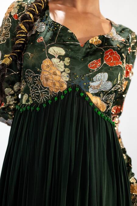 Buy Label Shristi Chetani Green Crepe, Chiffon Embroidery, Beads Round Neck Anarkali Set Buy_Label Shristi Chetani_Green Crepe, Chiffon Embroidery, Beads Round Neck Anarkali Set