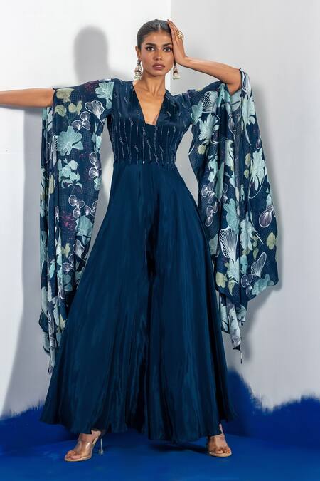 Label Shristi Chetani_Blue Satin, Crepe Beads, Embroidery V-neck Yoke Jumpsuit _Online_at_Aza_Fashions