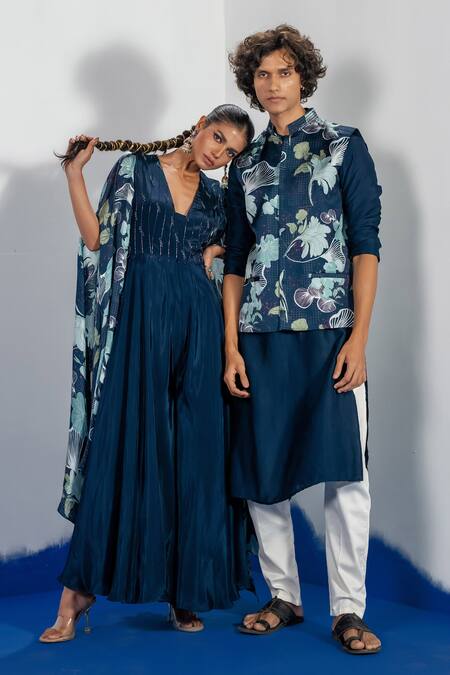 Buy_Label Shristi Chetani_Blue Satin, Crepe Beads, Embroidery V-neck Yoke Jumpsuit _Online_at_Aza_Fashions