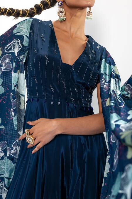 Shop_Label Shristi Chetani_Blue Satin, Crepe Beads, Embroidery V-neck Yoke Jumpsuit _Online_at_Aza_Fashions