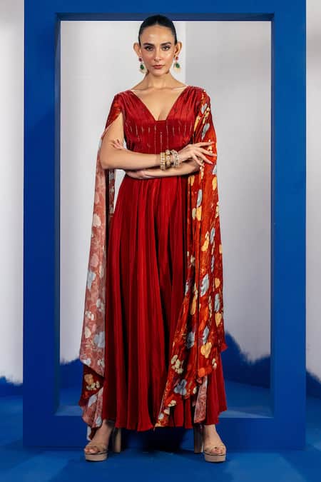 Label Shristi Chetani Rust Silk Beads V-neck Embroidered Yoke Jumpsuit Online at Aza Fashions Label Shristi Chetani_Rust Silk Beads V-neck Embroidered Yoke Jumpsuit_Online_at_Aza_Fashions