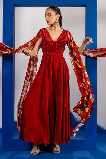 Buy Label Shristi Chetani Rust Silk Beads V-neck Embroidered Yoke Jumpsuit Online at Aza Fashions Buy_Label Shristi Chetani_Rust Silk Beads V-neck Embroidered Yoke Jumpsuit_Online_at_Aza_Fashions