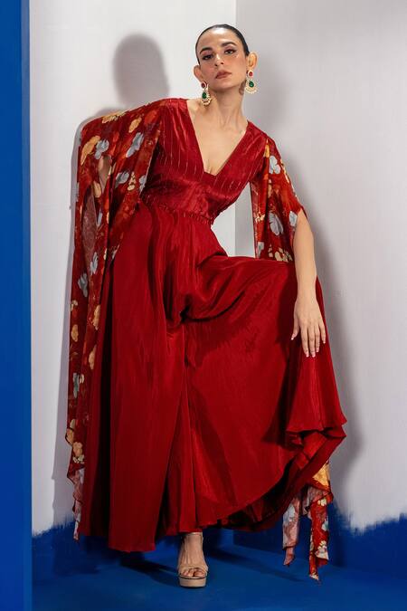 Label Shristi Chetani Rust Silk Beads V-neck Embroidered Yoke Jumpsuit at Aza Fashions Label Shristi Chetani_Rust Silk Beads V-neck Embroidered Yoke Jumpsuit_at_Aza_Fashions