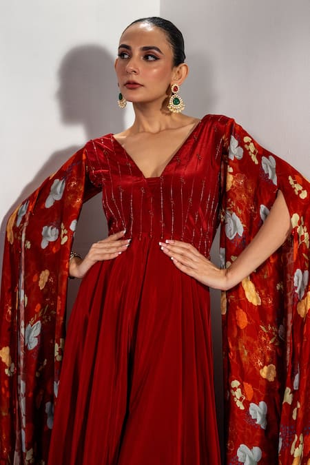 Buy Label Shristi Chetani Rust Silk Beads V-neck Embroidered Yoke Jumpsuit Buy_Label Shristi Chetani_Rust Silk Beads V-neck Embroidered Yoke Jumpsuit