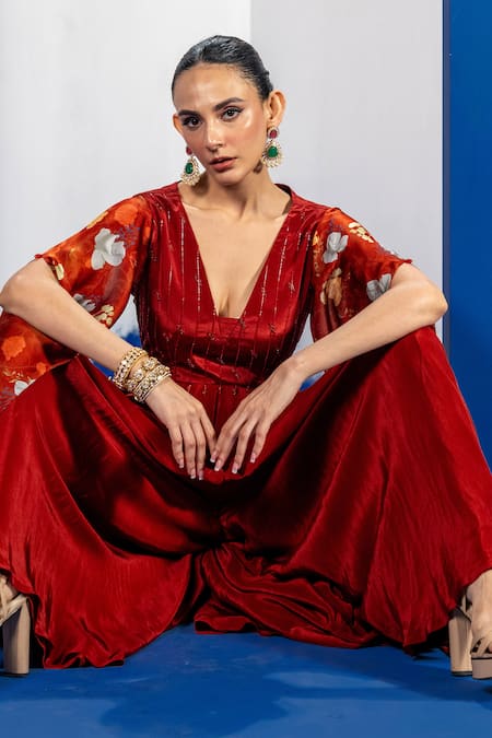Shop Label Shristi Chetani Rust Silk Beads V-neck Embroidered Yoke Jumpsuit Shop_Label Shristi Chetani_Rust Silk Beads V-neck Embroidered Yoke Jumpsuit