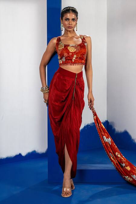 Label Shristi Chetani_Rust Tassels, Embroidery Round Neck Cape Set_Online_at_Aza_Fashions