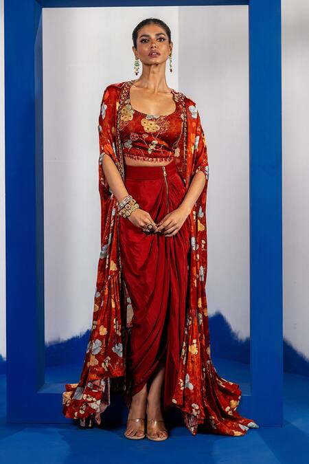 Buy_Label Shristi Chetani_Rust Tassels, Embroidery Round Neck Cape Set_Online_at_Aza_Fashions