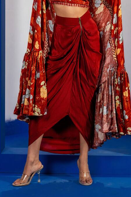 Shop_Label Shristi Chetani_Rust Tassels, Embroidery Round Neck Cape Set_Online_at_Aza_Fashions