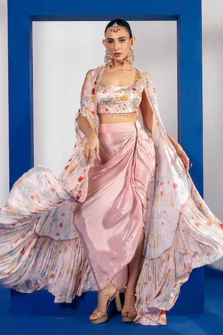 Label Shristi Chetani_Pink Silk, Satin Beads, Embroidery Scoop Neck Floral Cape Set With Blouse _Online_at_Aza_Fashions