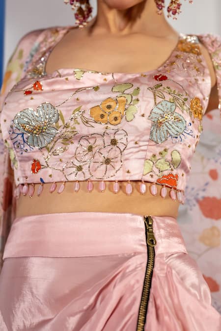 Buy_Label Shristi Chetani_Pink Silk, Satin Beads, Embroidery Scoop Neck Floral Cape Set With Blouse _Online_at_Aza_Fashions