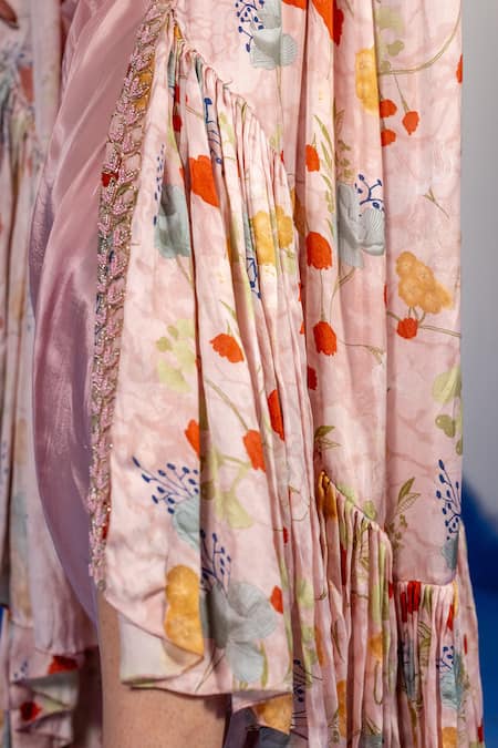 Shop_Label Shristi Chetani_Pink Silk, Satin Beads, Embroidery Scoop Neck Floral Cape Set With Blouse _Online_at_Aza_Fashions