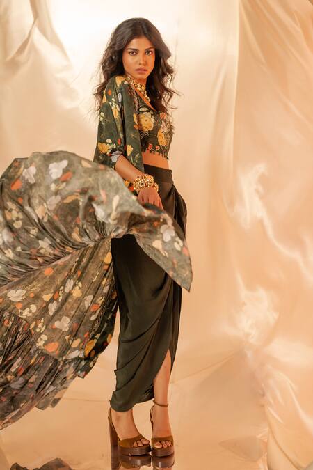 Label Shristi Chetani_Green Bamboo, Satin, Crepe Sequins, Embroidery Floral Cape Set With Blouse _Online_at_Aza_Fashions