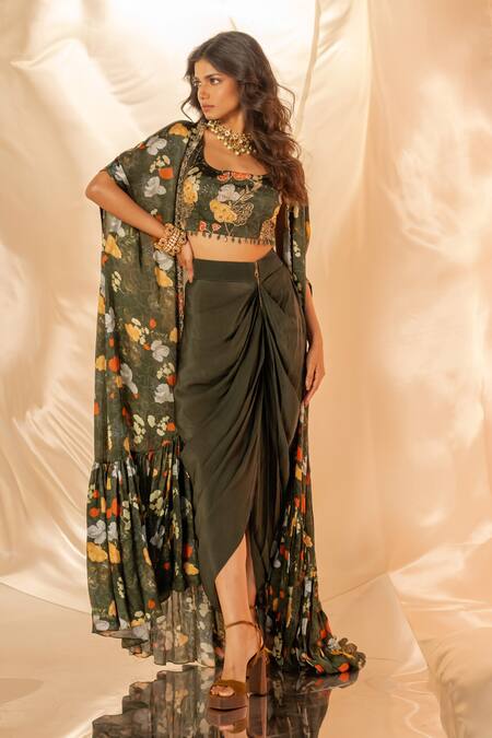 Buy_Label Shristi Chetani_Green Bamboo, Satin, Crepe Sequins, Embroidery Floral Cape Set With Blouse _Online_at_Aza_Fashions