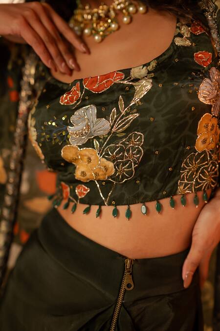 Shop_Label Shristi Chetani_Green Bamboo, Satin, Crepe Sequins, Embroidery Floral Cape Set With Blouse _Online_at_Aza_Fashions
