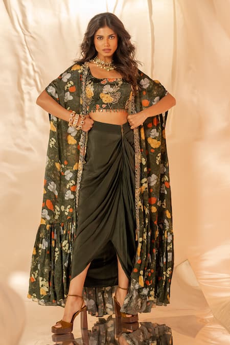 Label Shristi Chetani_Green Bamboo, Satin, Crepe Sequins, Embroidery Floral Cape Set With Blouse _at_Aza_Fashions