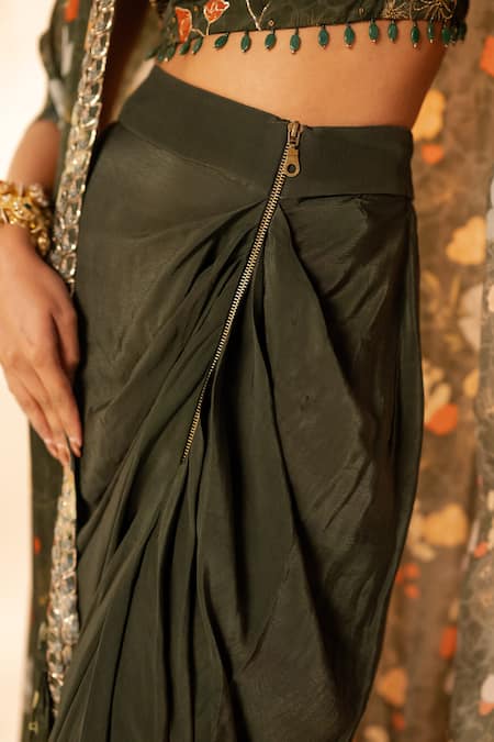 Buy_Label Shristi Chetani_Green Bamboo, Satin, Crepe Sequins, Embroidery Floral Cape Set With Blouse 