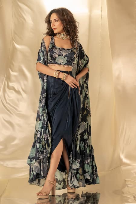 Label Shristi Chetani Embroidered Cape Set with Drape Skirt 