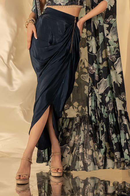 Buy_Label Shristi Chetani_Blue Bamboo, Satin Beads, Sequins Square Embroidered Cape Set With Drape Skirt _Online_at_Aza_Fashions
