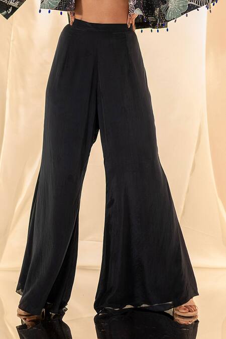 Label Shristi Chetani_Black Bamboo, Crepe Round Neck Embellished Cape And Bralette Pant Set _Online_at_Aza_Fashions