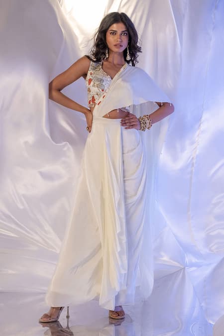 Label Shristi Chetani_White Bamboo, Crepe Embroidery, Designer Draped Saree With Embellished Blouse_Online_at_Aza_Fashions