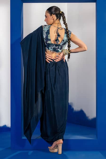 Label Shristi Chetani Embellished Blue Draped Saree Set 