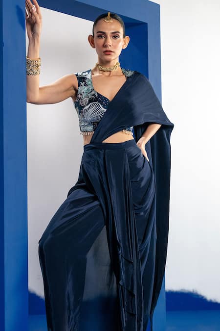 Label Shristi Chetani Blue Satin, Crepe, Bamboo Embroidery, Beads, Embellished Draped Saree Set Online at Aza Fashions Label Shristi Chetani_Blue Satin, Crepe, Bamboo Embroidery, Beads, Embellished Draped Saree Set _Online_at_Aza_Fashions