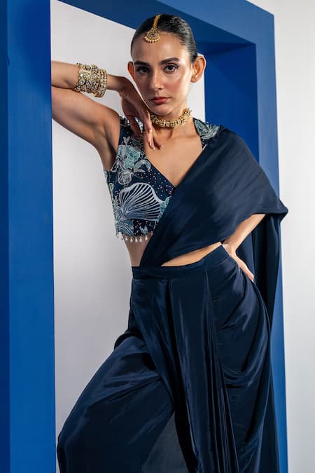 Buy Label Shristi Chetani Blue Satin, Crepe, Bamboo Embroidery, Beads, Embellished Draped Saree Set Online at Aza Fashions Buy_Label Shristi Chetani_Blue Satin, Crepe, Bamboo Embroidery, Beads, Embellished Draped Saree Set _Online_at_Aza_Fashions
