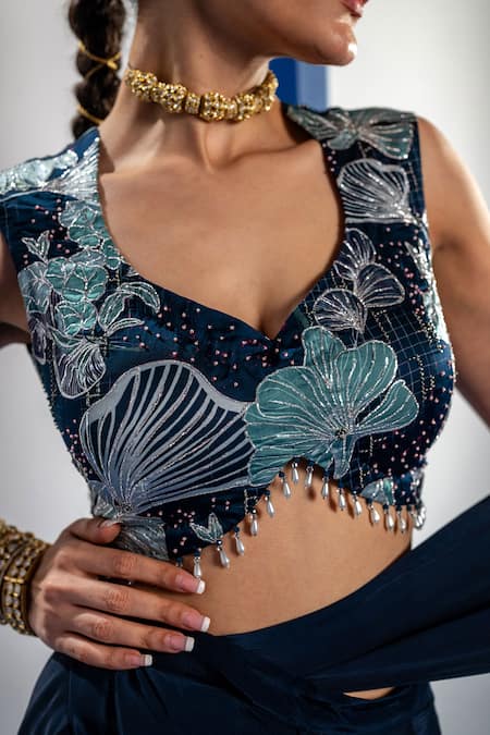 Label Shristi Chetani Blue Satin, Crepe, Bamboo Embroidery, Beads, Embellished Draped Saree Set at Aza Fashions Label Shristi Chetani_Blue Satin, Crepe, Bamboo Embroidery, Beads, Embellished Draped Saree Set _at_Aza_Fashions