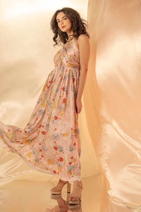 Label Shristi Chetani_Pink Satin One Shoulder Pleated Maxi Dress _Online_at_Aza_Fashions