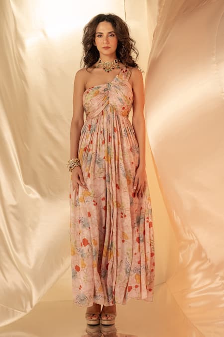 Buy_Label Shristi Chetani_Pink Satin One Shoulder Pleated Maxi Dress _Online_at_Aza_Fashions